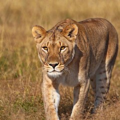 Fototapeta premium A full shot photo of a lioness walking confidently through tall golden grass, deep focus on the movement of its muscles and fur, low-angle shot that makes the lion appear larger and more imposing