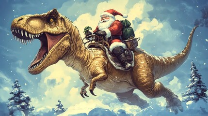 Santa Claus rides a T-Rex through the air, delivering Christmas presents.