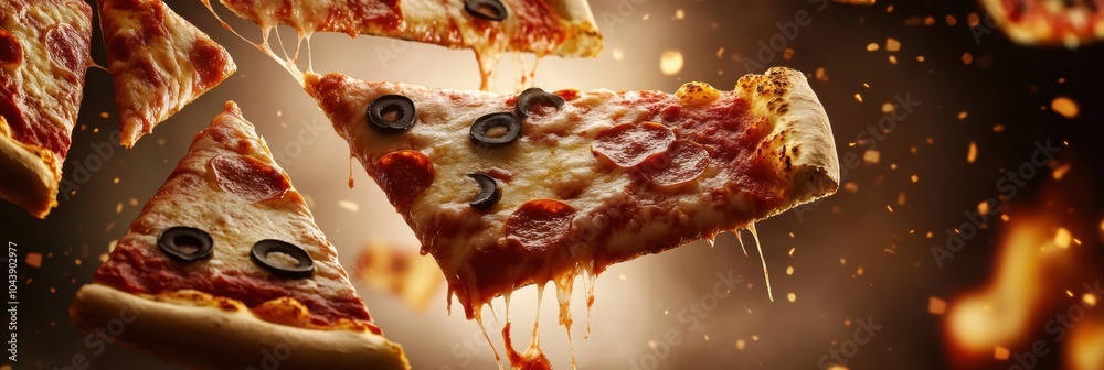 Poster Slices of pizza soar diagonally with melted cheese and toppings, adding a playful touch to a festive gathering space. Generative AI