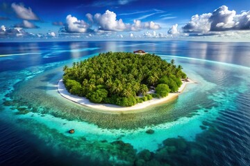 Realistic tropical island paradise seen from high angle, perfect for relaxation and tranquility