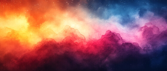 Naklejka premium Abstract Watercolor Painting of Colorful Clouds and Stars in the Night Sky