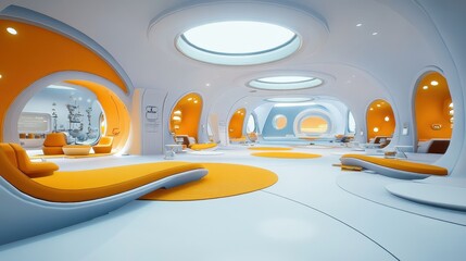 Futuristic Interior Design with Arched Walls and Yellow Accents