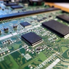 A rack focus close-up of a digital circuit board with intricate details in sharp focus, at eye level, while the background of the tech lab blurs softly, showcasing the complexity and innovation in