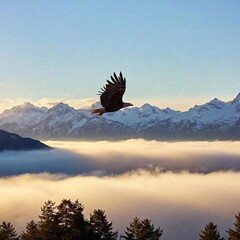 Obraz premium An eagle flying at dawn with fog-covered mountains in the background