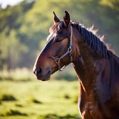 Fototapeta premium A close-up photo of a horse's nostrils flaring as it exhales in cold air, deep focus showing the texture of its skin and the mist forming around its muzzle, eye-level shot for an intimate and dynamic