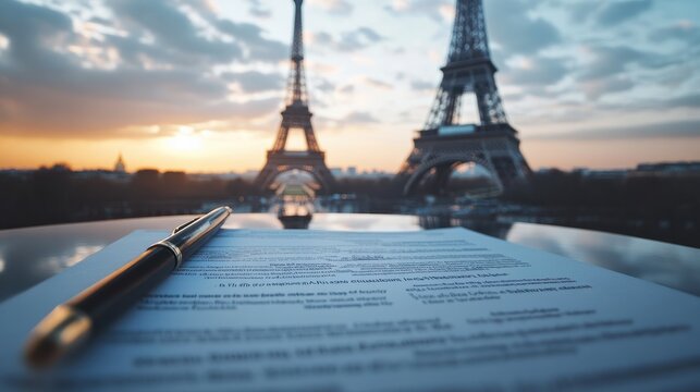 Realistic photo of the Paris Agreement document, symbolizing global unity in addressing climate change and emphasizing commitments to reduce greenhouse gas emissions. , Minimalism,