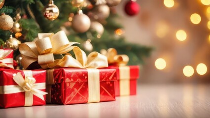 christmas tree with gift boxes on bokeh background
