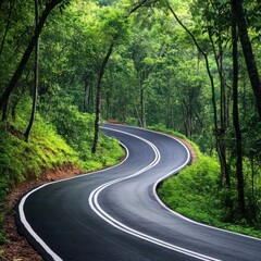 Road in the middle of the forest , road curve construction up to mountain, Rainforest ecosystem and healthy environment concept
