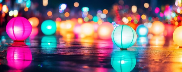Neon-colored floats casting vibrant reflections on the streets during a festival lights parade