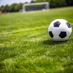 Fototapeta premium A close-up macro shot of a soccer ball spinning on a grassy field, with a rack focus effect shifting from the ball to the player's cleats in the background, captured in a Dutch angle shot for a