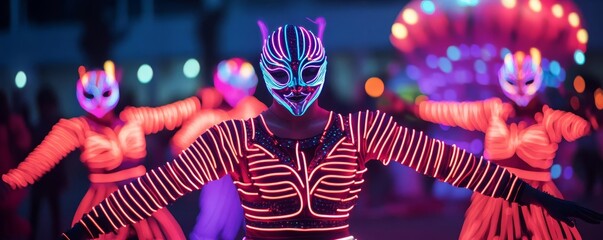 Neon-lit dancers in LED masks performing intricate routines alongside glowing floats
