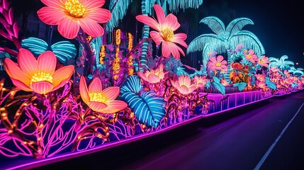 Neon-lit floats covered in glowing vines and flowers, creating a jungle-themed parade