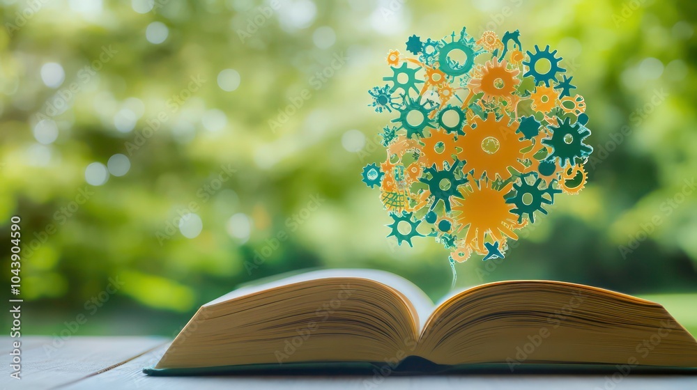 Poster Open book with gears growing from pages on wooden surface with green bokeh background.