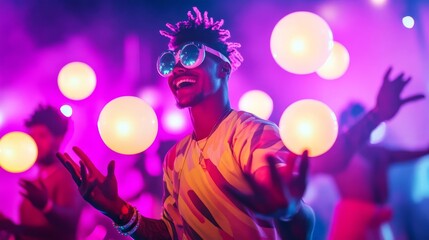 Neon-lit performers juggling glowing orbs as they entertain festival-goers