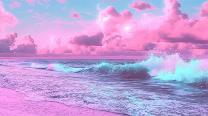 Fototapeta premium Pink Sky, Blue Waves, and a Beach Sunset