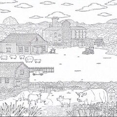 A coloring page of a cartoon farm scene with a barn, a tractor, and animals like cows, chickens, and pigs playing in the yard, designed for kids to color