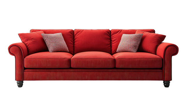 A red couch with pillows on it