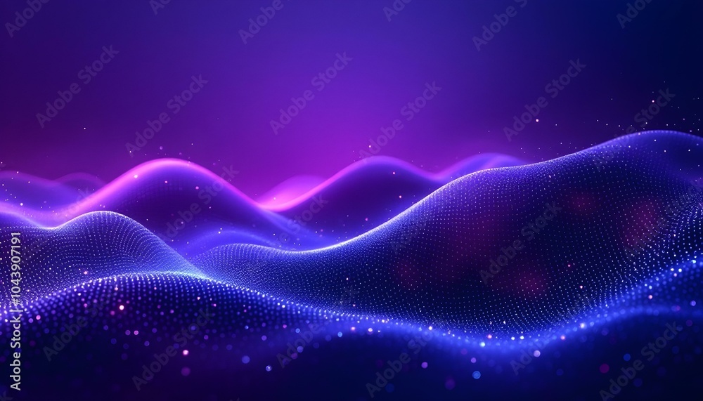 Poster A vibrant wave of light particles in pink and blue, a mesmerizing abstract background for digital presentations. Purple background with many glowing particles. Information technology background. 