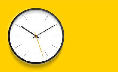 Classic clock image in realistic flat style, timer on yellow background. Business watch. Vector design element for you project