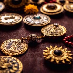 Obraz premium A ground level noir close-up of ceremonial items like religious medals and prayer beads for Virgin of Guadalupe Day, with a focus on the rich textures and contrasts of the objects