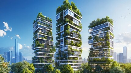 Modern skyscrapers featuring vertical gardens and green architecture for urban sustainability.