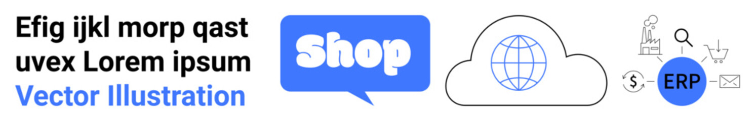 Shop button with cloud network and ERP icons in blue and black. Ideal for eCommerce, cloud services, business management, online retail, digital marketing. Banner for landing page