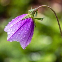 Close-up macro shot of a single dew-covered spring flower, with intricate details of the petals and droplets of water reflecting light. Focus on the delicate textures and vibrant colors of the flower