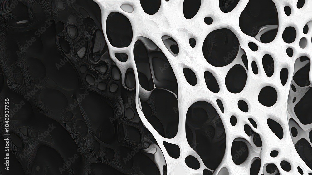 Poster abstract black and white organic pattern with holes and flowing lines.