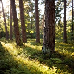 Fototapeta premium medium shot of a tranquil forest clearing bathed in soft evening light. The photo captures the delicate details of the forest floor, small plants, and sunlight filtering through the tall trees