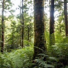 Fototapeta premium A full shot eye-level photo of rain forest scenery, with soft focus capturing the dense greenery, towering trees, and lush undergrowth of the tropical rainforest.