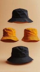 a black bucket hat displayed mockup featuring different angles highlighting the trendy accessory in a stylish urban context