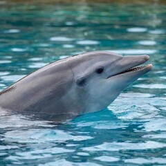 A medium shot, ultra-realistic photo of a dolphin's face and dorsal fin breaking the surface of the water, with deep focus highlighting the intricate details of its eye, skin texture, and the