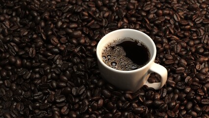 Fototapeta premium Top view of coffee or espresso with piles of coffee beans. Close up of fresh roasted coffee bean scatter around wooden table with cup of americano and aromatic stream and smoke from seed. Comestible.