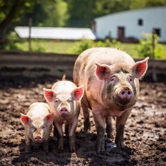 A full shot of a pig family rooting around in the mud, with soft focus highlighting the pigs while the surrounding barn and farmyard are gently blurred