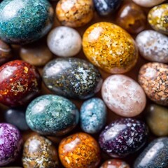 Fototapeta premium Nature's Palette: A macro flatlay photo of various types of polished stones, each displaying unique textures and colors, captured in soft focus to highlight their subtle differences and natural beauty