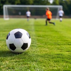 Obraz premium A close-up macro shot of a soccer ball spinning on a grassy field, with a rack focus effect shifting from the ball to the player's cleats in the background, captured in a Dutch angle shot for a