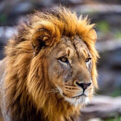 A close-up photo of a lion resting with its eyes half-closed, deep focus on its relaxed facial features and mane, eye-level shot capturing a peaceful and contemplative moment
