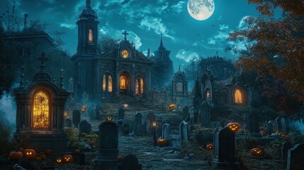 Spooky Churchyard Under a Full Moon