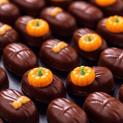 Obraz premium A macro shot of a Halloween candy assortment featuring pumpkin-shaped chocolates, taken from a high angle with shallow focus to create a dramatic, close-up effect
