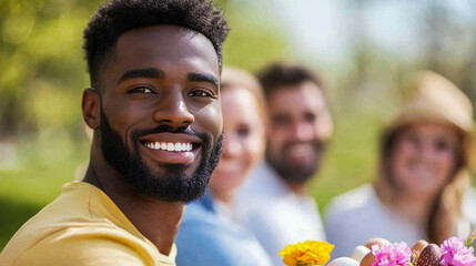 Friends enjoying a casual outdoor brunch, exchanging chocolate eggs and flowers in a sunny park Easter celebration with friends 