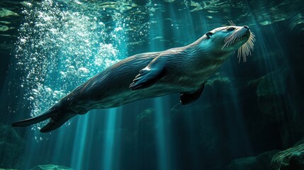Obraz premium An otter swimming gracefully underwater.
