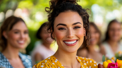 Friends enjoying a casual outdoor brunch, exchanging chocolate eggs and flowers in a sunny park Easter celebration with friends 