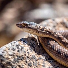 Fototapeta premium extreme close-up snake camouflaged against a rocky surface, with its intricate patterns blending into the environment, only its piercing eyes in sharp focus, while the rocks around it fade into a
