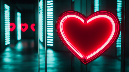 Neon-lit heart shape reflected in mirrored surfaces, creating infinite repetitions and glowing patterns futuristic St Valentine's abstract love concept 