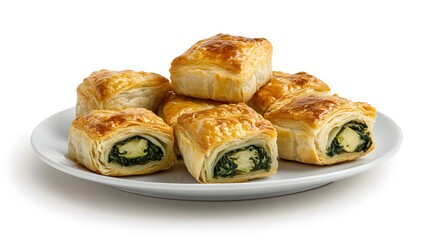 Golden crispy spinach and cheese puff pastries on a white plate