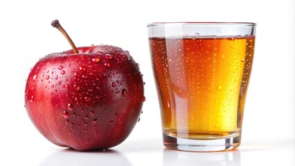 red apple with drops of water and a glass of naturally cloudy apple juice in front of white background Low Angle