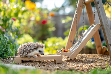 Hedgehog playing on a tiny wooden playground set, with a miniature slide and swings, in a backyard garden.
