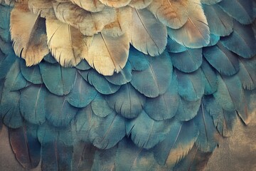 Fototapeta premium Close-up of layered feathers in shades of blue and beige, emphasizing texture, pattern, and natural beauty