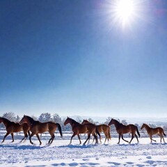 Obraz premium Create a photo-realistic image capturing the excitement of horse racing in a Winter Wonderland. Include details like snow-covered horses, frosted breath, and a wintry backdrop of snow-covered hills