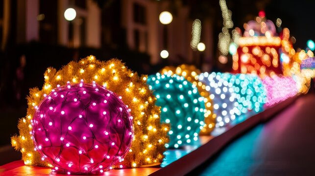 Twinkling lights decorating every inch of parade floats, creating a dazzling display